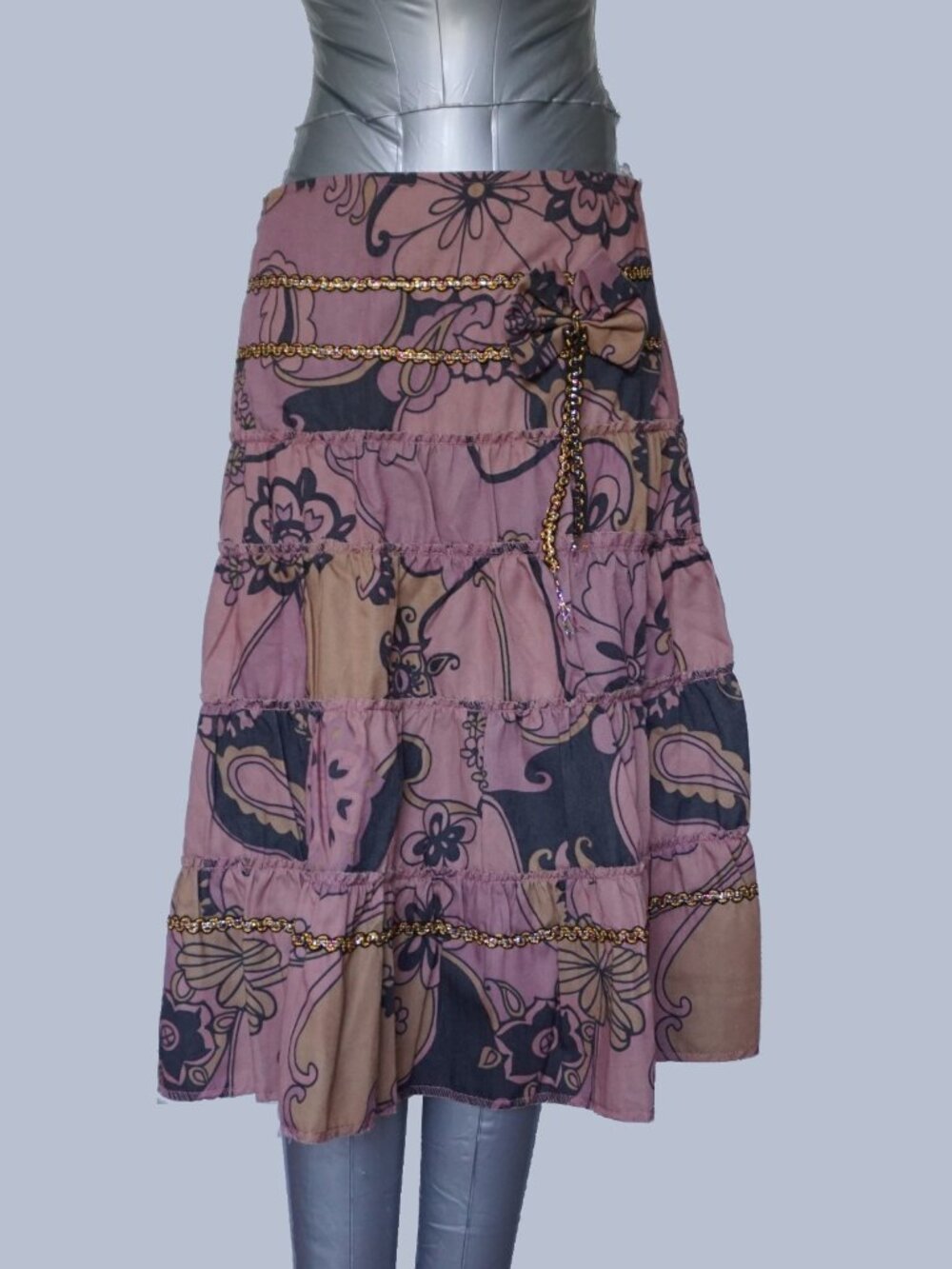 Boho Floral Tiered Skirt Pink Mauve Floral Lined Side Zip Petite XS Estimated